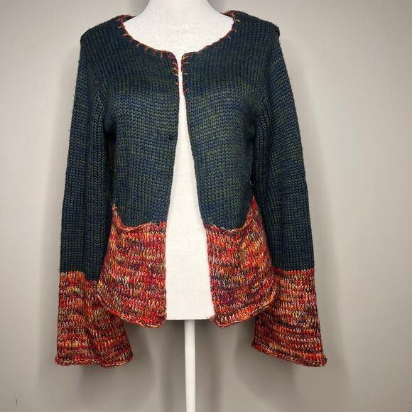 Y2K Kimchi Blue Knit Cardigan Size M Wide Bell Sleeve Pockets Early 2000s Boho - Picture 2 of 9